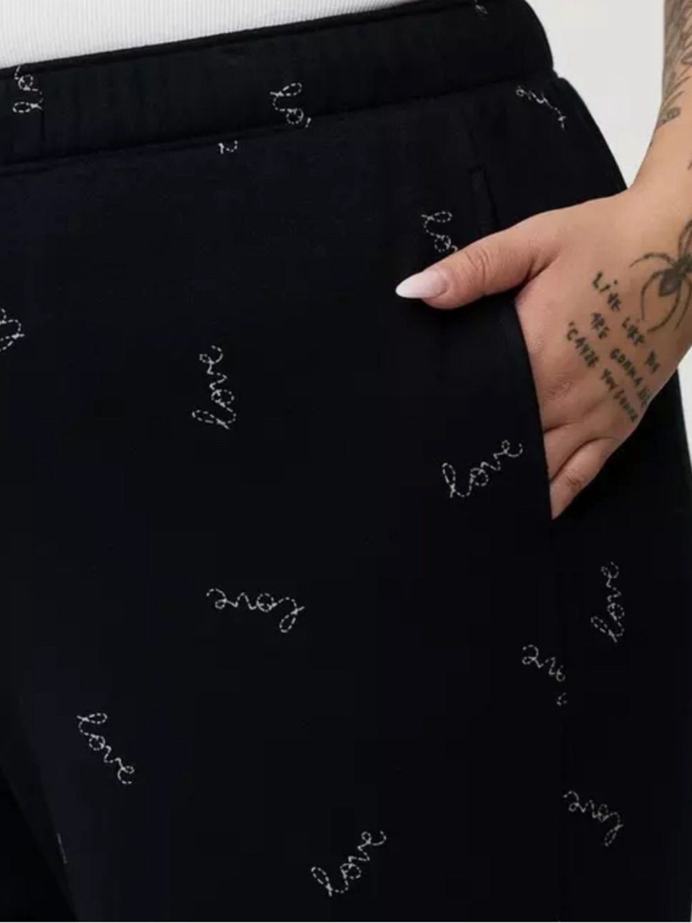Wide-Leg Black Fleece Knit Pants with Subtle Love Script Detail - Picture 2 of 2